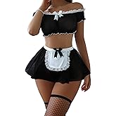 Foxiny Sexy Stockings Mini Skirt Mesh Sheer Lace Halloween Costume Maid Outfit Lingerie with Thong Set 4 Piece