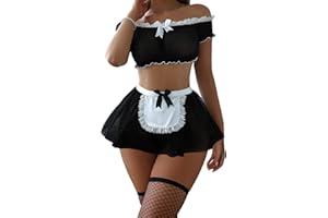 Foxiny Sexy Stockings Mini Skirt Mesh Sheer Lace Halloween Costume Maid Outfit Lingerie with Thong Set 4 Piece