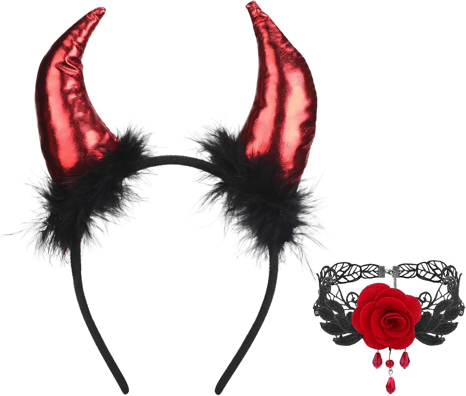 MENGON Devil Horns Necklace Set Headband with Plush Headband Red Rose