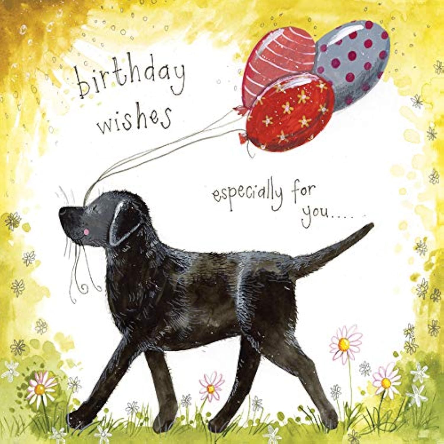 Alex Clark Birthday Wishes Labrador Dog Card - Black Lab - Flowers - Floral - Balloons - Greetings Cards - Cards for Birthday - Designed and Printed in the UK