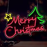 Merry Christmas Neon Sign Christmas Tree Neon Light for Wall Decor,USB Powered Dimmable led Light Up Sign for Bedroom Living Room Xmas Party Decor