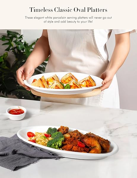 AISBUGUR 16″ LARGE SERVING PLATTERS, WHITE OVAL TURKEY PLATTERS FOR PARTY, WEDDING, ENTERTAINING, CERAMIC SERVING TRAYS AND PLATTERS FOR SERVING FOOD APPETIZERS MEAT, SET OF 2
