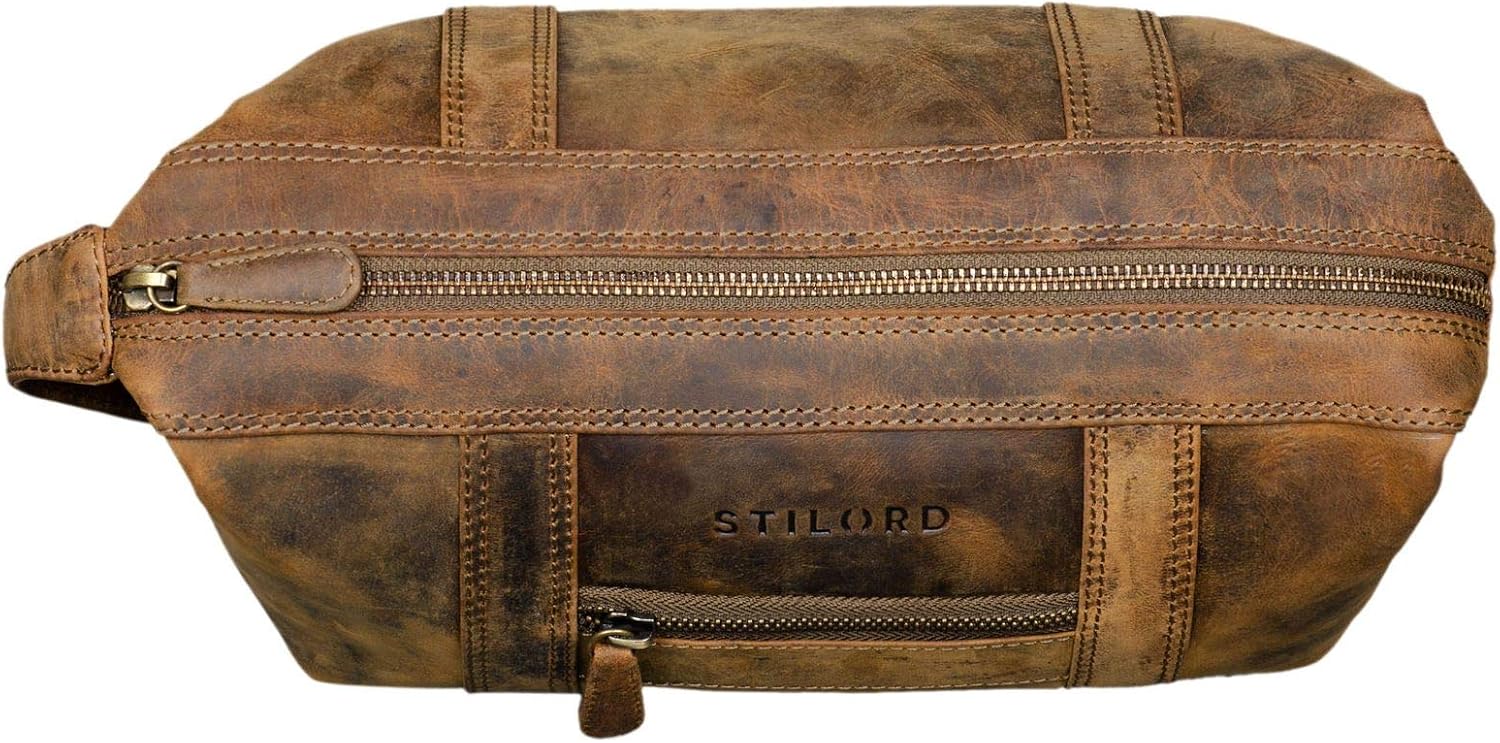 STILORD "Bruno" Men's Wash Bag Vintage Leather Travel Toilet Bag Toilet Kit with Wrist Strap 2 Compartments Overnight Wash Gym Bag Colour:Middle Brown - Image 5