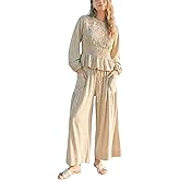 Antnation Womens 2-Piece Boho Long Sleeve Smocked Top & Wide Leg Pants Set Casual Lounge Outfit with Pockets