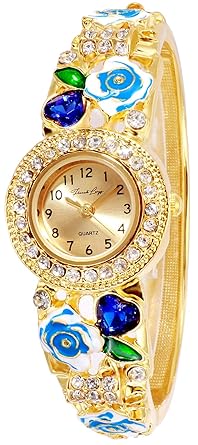 Rose & Crystal Blue Jewel Studded Golden Ethnic Party Wear Bracelet Watch