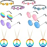 Fiada 12 Pcs Hippie Costume Accessory Set 60s 70s 4 Pairs Hippie Sunglasses 4 Pcs Daisy Headband 4 Pcs Peace Sign Necklace