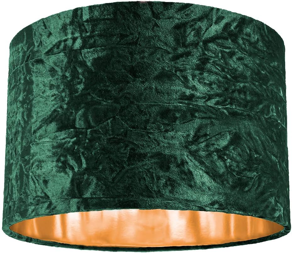 Modern and On-Trend Forest Green Crushed Velvet Fabric 12" Table or Pendant Circular Drum Lampshade with Shiny Copper Inner