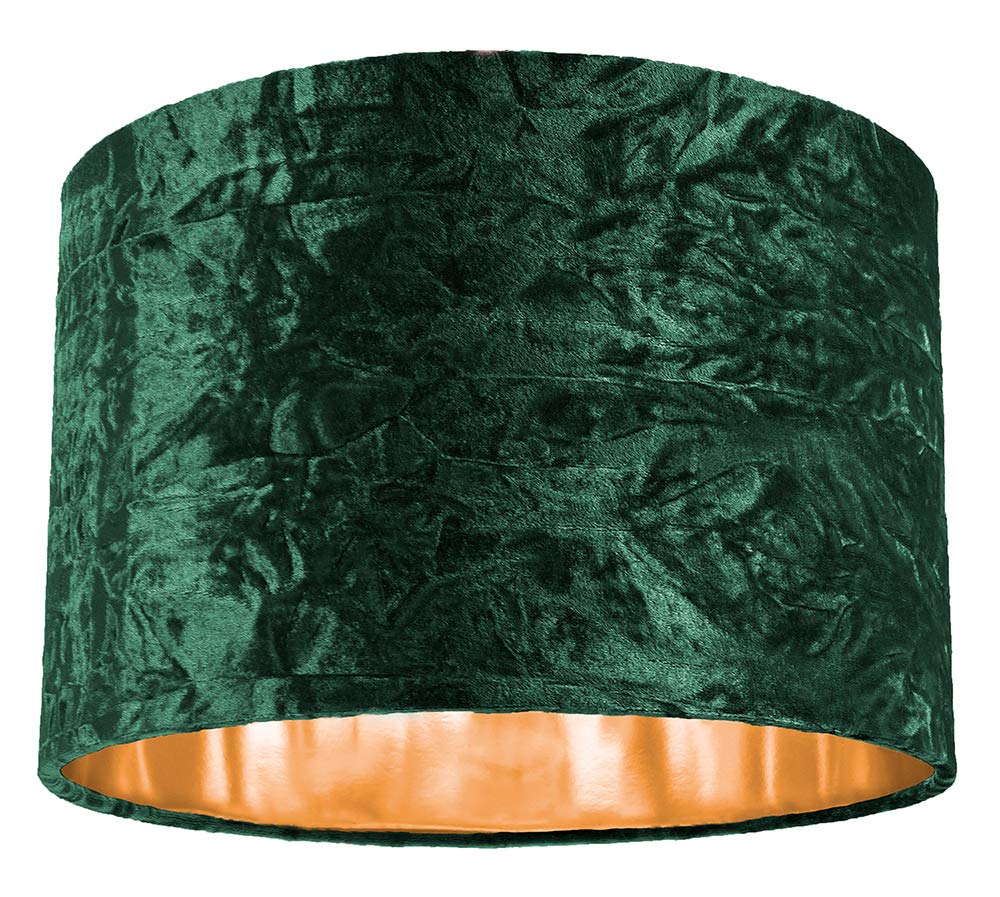 Modern and On-Trend Forest Green Crushed Velvet Fabric 12" Table or Pendant Circular Drum Lampshade with Shiny Copper Inner - 60watt Maximum | Perfect for Residential or Commercial by Happy Homewares