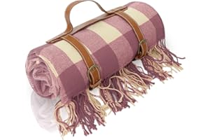 Powermach 59”x 79”Faux Wool Boho Tassels Plaid Solid,Waterproof,Moisture Resistant Padded Picnic Blankets,Camping,Park,Beach,Music Arts Festival Outdoor Blankets