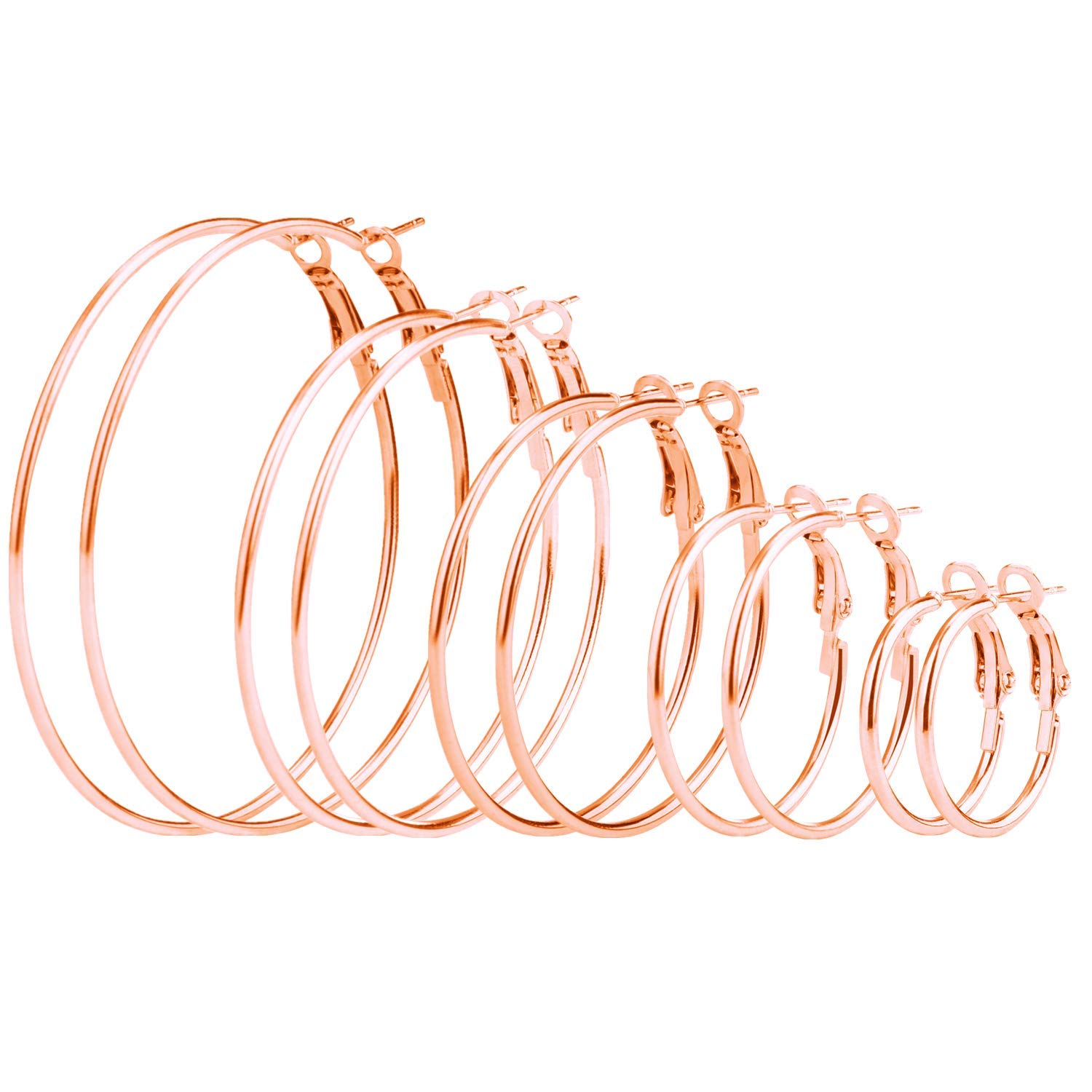 Mannli 5 Pairs Stainless Steel Hypoallergenic Shiny Large Hoop Earring Sets for Women Girl Rose Gold