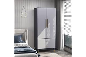 Homsee Wardrobe Armoire with 2 Doors, 2 Drawers, Hanging Rod & 2 Storage Compartments, Wooden Closet Storage Cabinet with Gold Handles for Bedroom, Dark Grey & Light Grey (31.5”L x 19.1”W x 65.1”H)