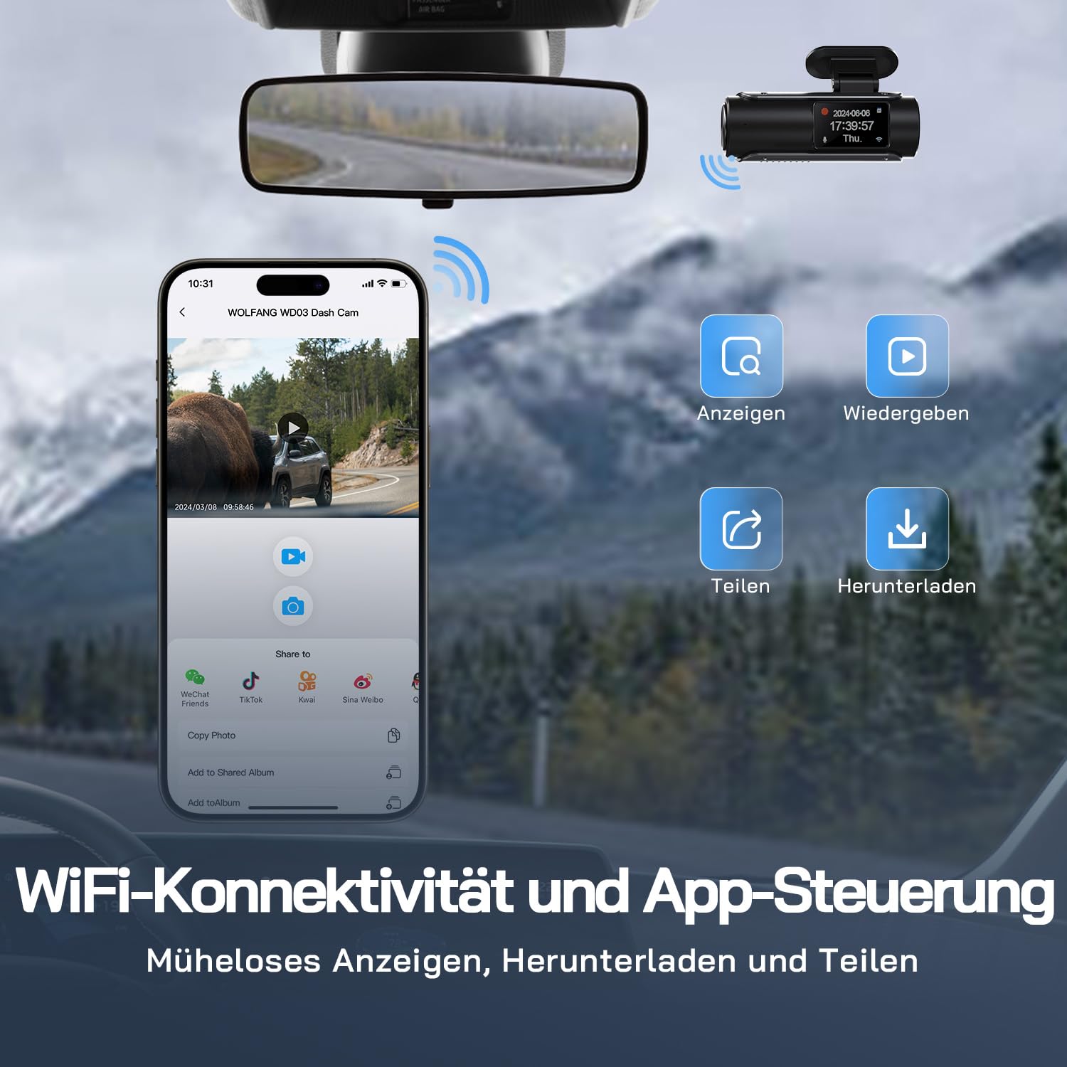 WOLFANG Dashcam Auto Vorne Hinten, 4K+1080P Wi-Fi Dash Cam, Ultra-Nachtsicht, Dual Auto Kamera mit 70°-Weitwinkel, WDR, 24 Std. Parkmodus, G-Sensor, Loop-Aufnahme 7