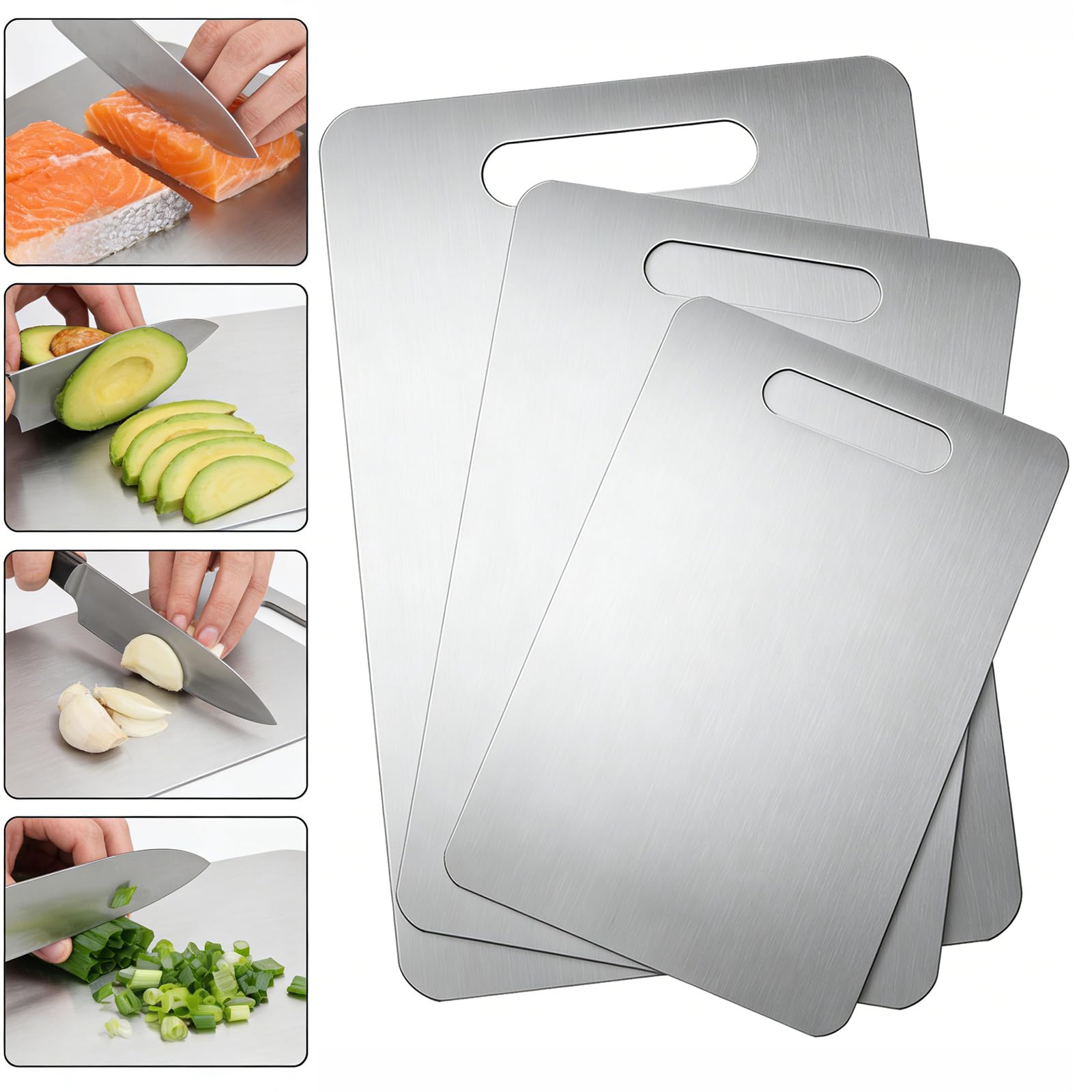 Photo 1 of 3 PCS 304 Stainless Steel Cutting Board Set S M L, Rust-Resistant Non-Staining Chopping Board for Meat Vegetable Bread, Dishwasher Safe Kitchen Cutting Mat