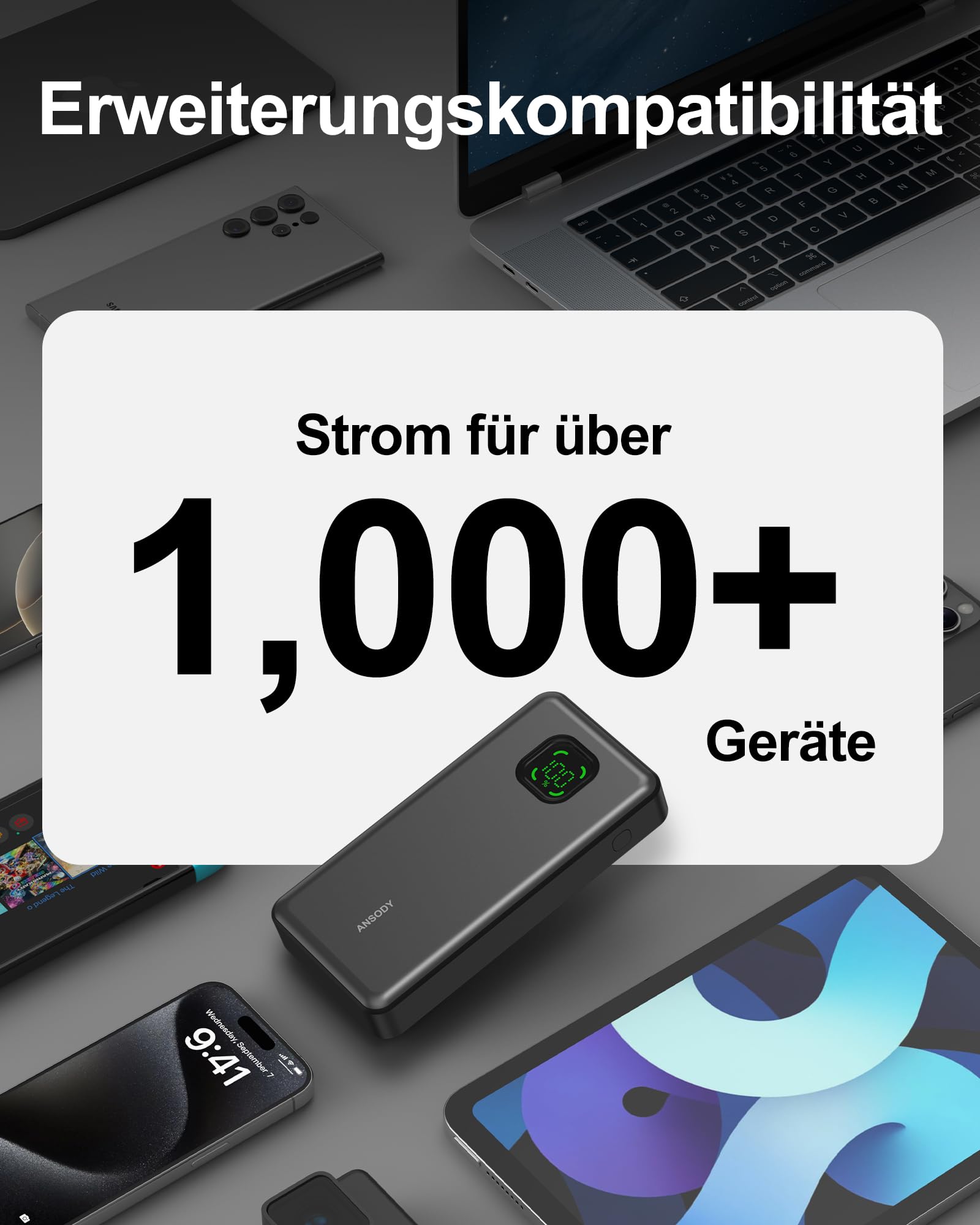 ANSODY Power Bank 65W 25000mAh Powerbank Laptop Klein Aber Stark, 100W Max Externe Handyakkus LED Display USB C Input&Output, Akkupack für iPhone 17 16 15 14 Xiaomi iPad Travel Camping Outdoor (Gray) 7