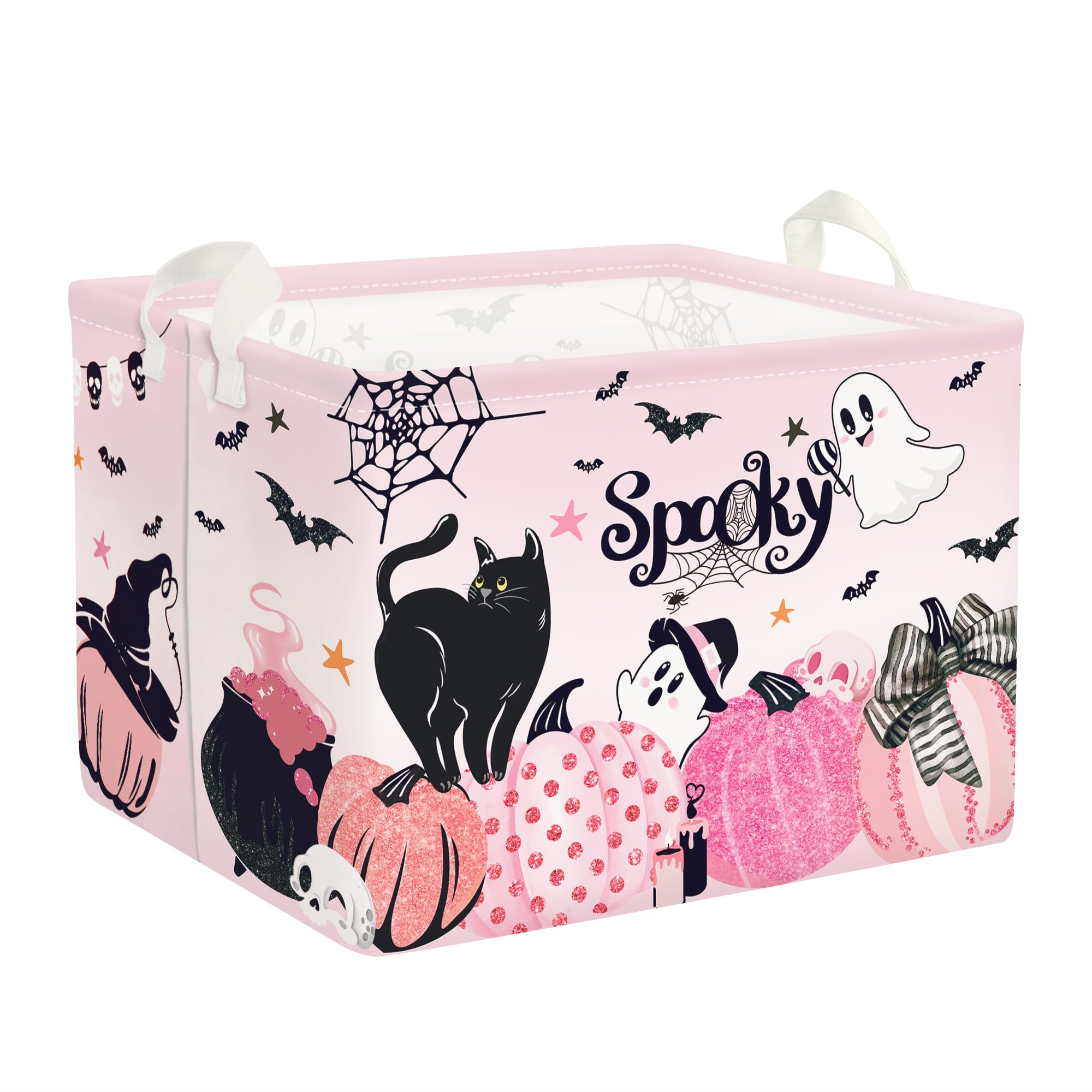 Photo 1 of Clastyle Pink Halloween Spooky Basket Stuffers Nursery Kid Room Spide Bat Ghost Pumpkin Boo Basket Clothes Book Toy Storage Bin Box for Shelves,Black Cat,40*30*30 cm