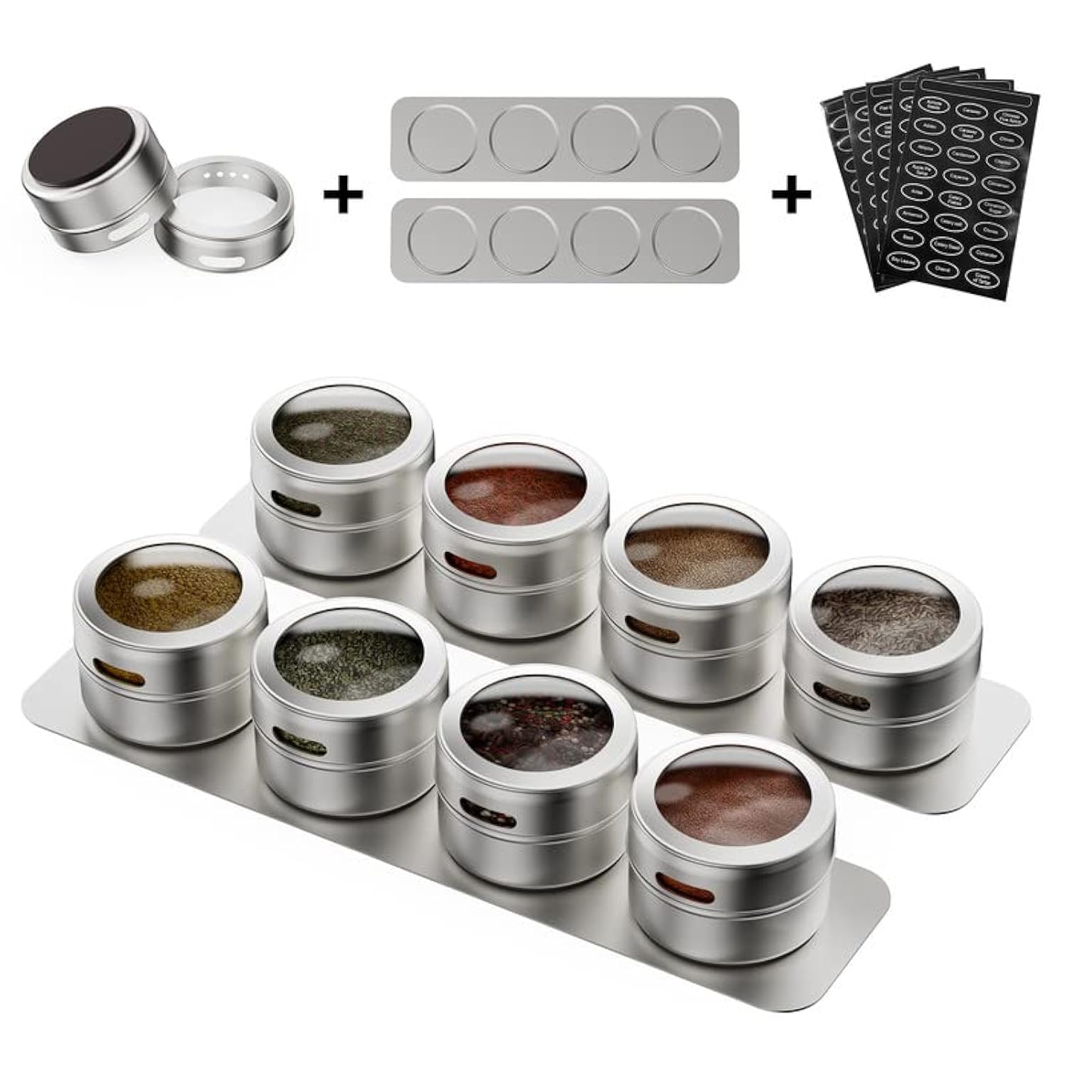 Photo 1 of Vetacsion Set of 8 Magnetic Spice Tins with 2 Metal Wall-Plates,100 Preprinted Seasoning Label Stickers,2 Styles for 3 oz Herb Jars