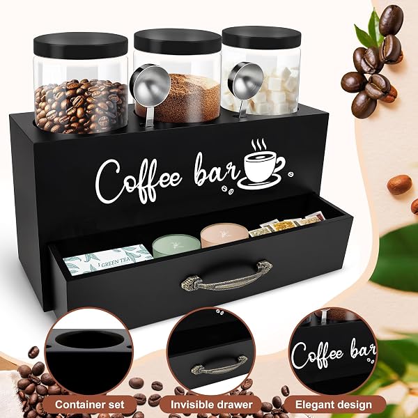 MACIFECI 54 OZ COFFEE CANISTER SET WITH SHELF, COFFEE AND SUGAR CONTAINER SET OF 3 CANISTERS SETS FOR KITCHEN COUNTER, PLASTIC COFFEE BEAN STORAGE CONTAINER WITH SCOOP (BLACK – DRAWER)