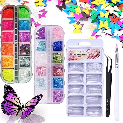 Download Amazon Com Kalolary 3d Holographic Butterfly Nail Glitter Set 24 Colors Set Splarkly Nail Sequins With 100pcs Clear French Natural Half Fake Nails A Uv Gel Nail Brush And Tweezer For Nail Art Decoration
