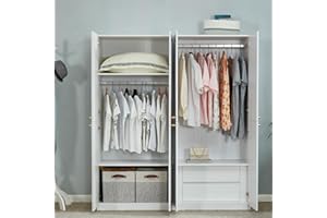 LABROSKIA Wardrobe Closet with 4 Door, Large Freestanding Armoire Wardrobe Cabinet with Hanging Rod & Shelves, Wood Bedroom Clothes Storage Organizer, White (62.9" L x 20.2" W x 71.6" H)