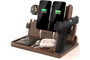 BarvA Adaptive Wood Gun Rack 2 Phone Docking Charging Station Gifts for Men Dad Birthday Ideas Nightstand Organizer Charging Dock Watch Charging Stand Wallet Key Gadget Device Bedroom Bedside Holder
