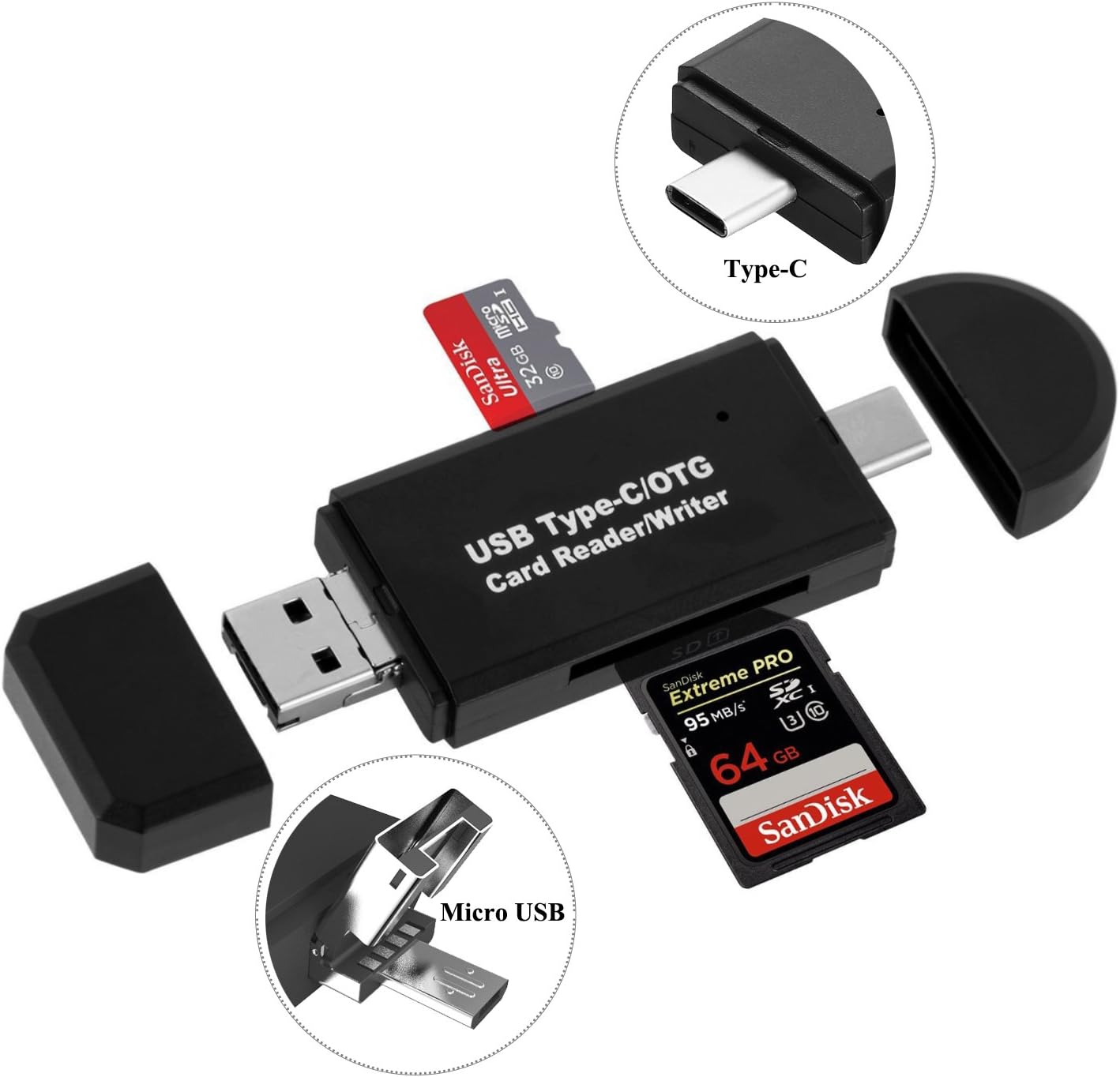 SD Card Reader, Micro SD/TF Compact Flash Card Reader with 3 in 1 USB Type C/Micro USB Male Adapter and OTG Function Portable Memory Card Reader for PC & Laptop & Smart Phones & Tablets (USB 2.0)