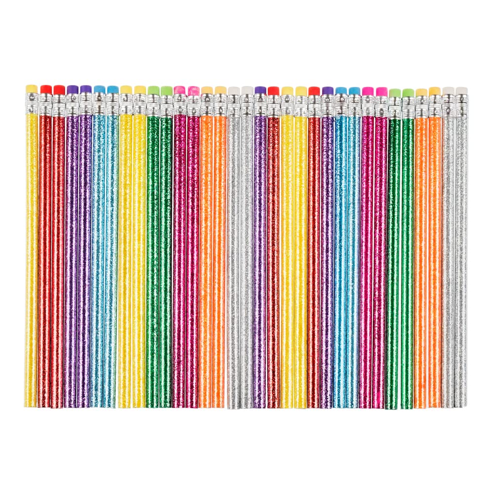 Invero 32 Pack Unsharpened HB Glitter Sparkling Pencils - 16 Different Barrel Colours with Eraser Top for Arts & Crafts, School, Office, Party Bag Filler or General Home