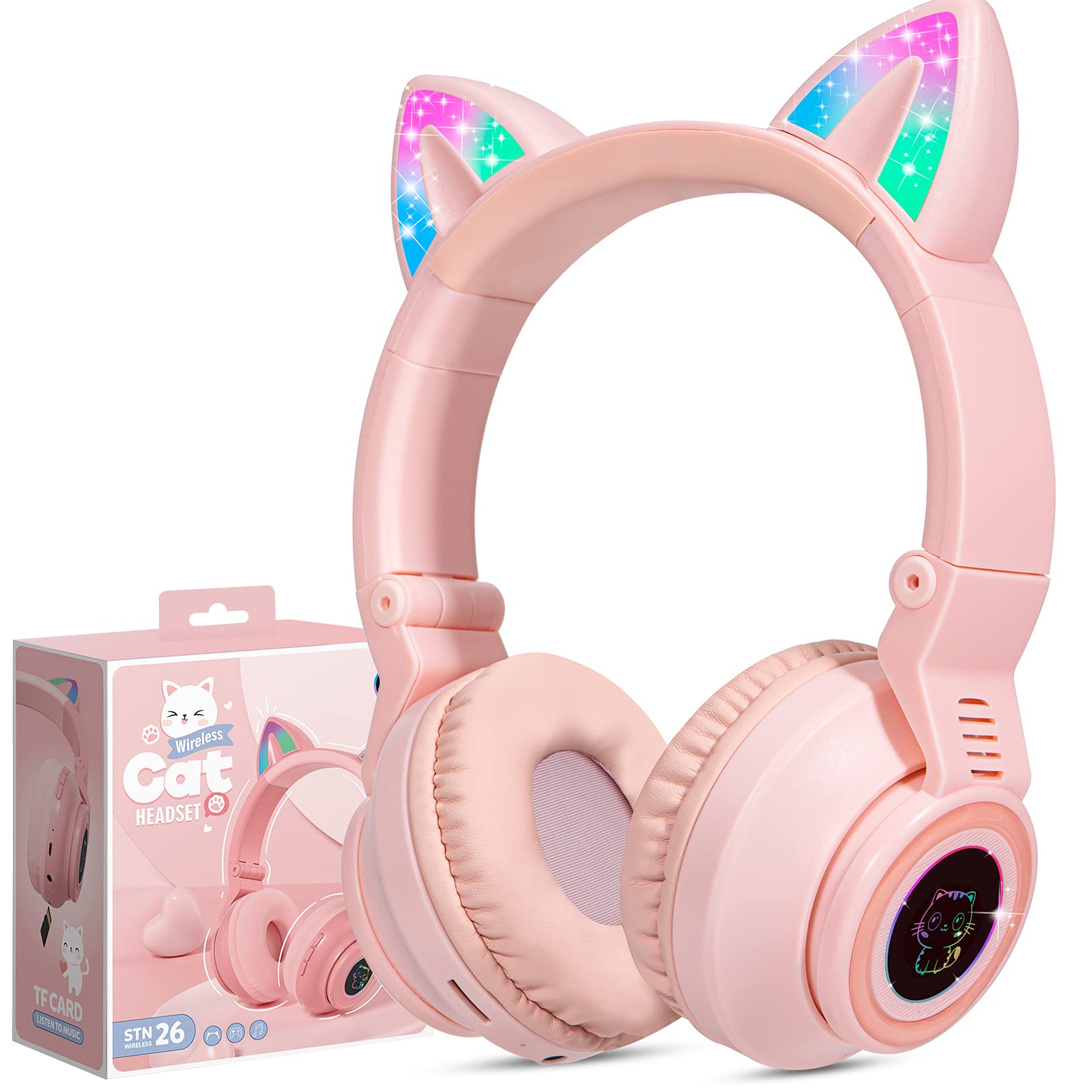 JYPS Kids Headphones Wireless Light Up Cat Ear Bluetooth Headphones Over Ear Childrens Foldable Headset w/Microphone for Amazon Fire Tablet/Laptop/iPad
