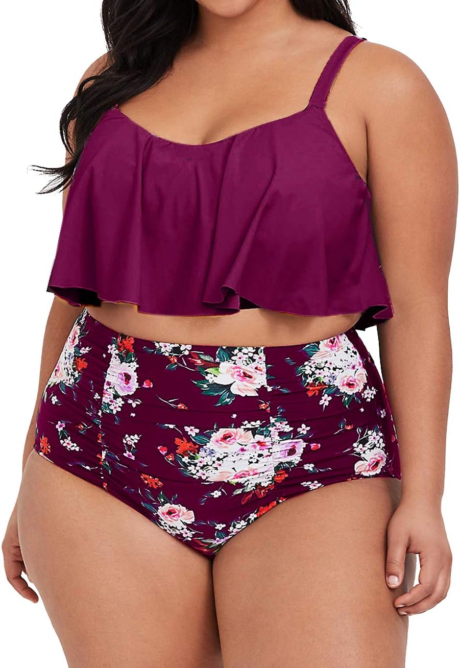 Womens Plus Size High Waisted Swimsuit Floral Bikini Ruffle Flounce Two Piece Swimwear Monokini