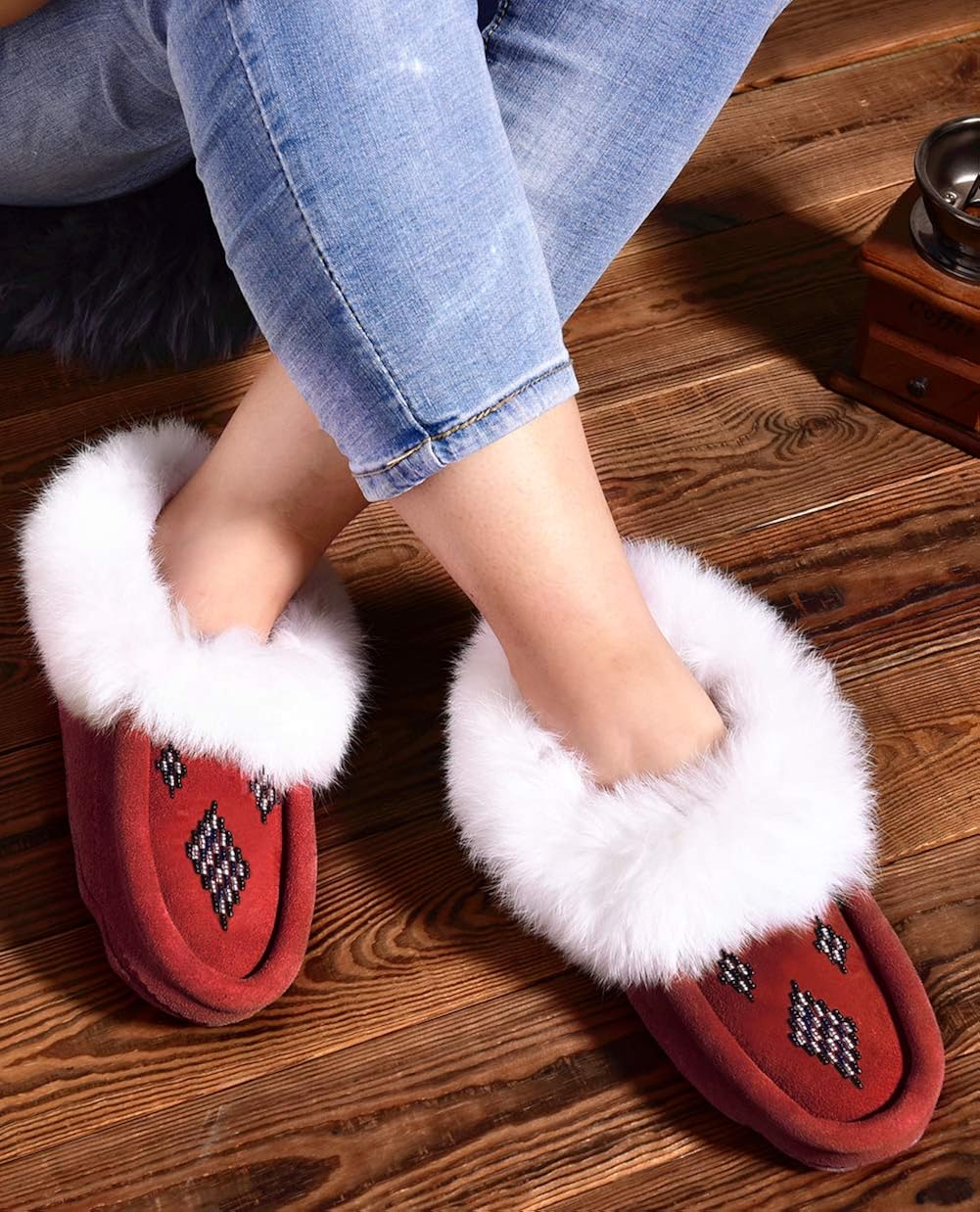 moccasins shoes slippers on Amazon Com Eucoz Fur Moccasins Slippers For Women Leather Lofers Slippers Suede Indoor Slip On Fleece Lined Wine Red Slippers