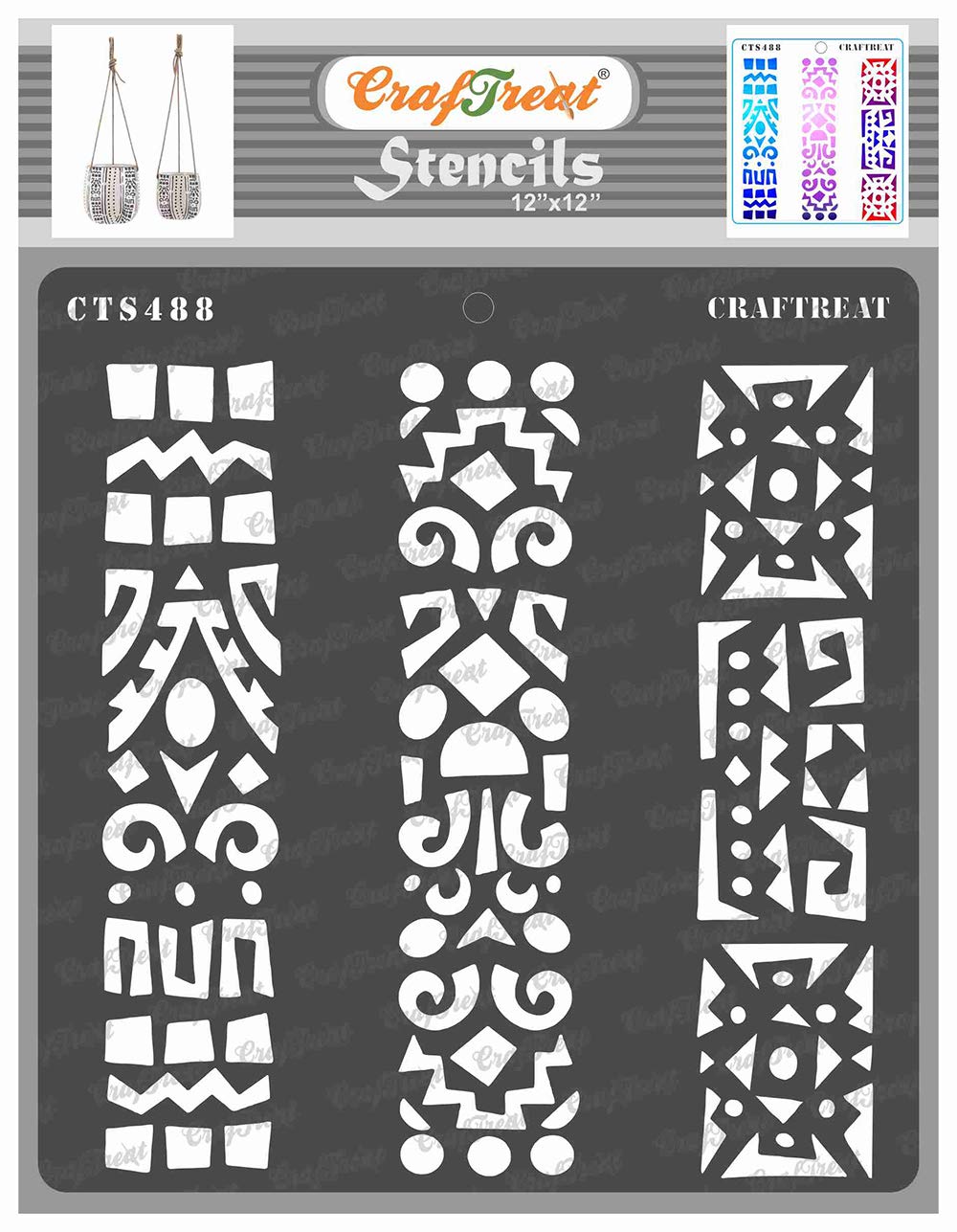 CrafTreat Reusable African Tribal Stencils for Crafts Vintage - Folkart Borders - Size: 12X12 Inches - Tribal Pattern Stencil for Furniture Painting - African Stencils for Painting on Concrete