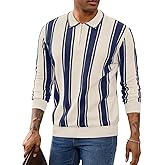ChiaoLezhee Men's Slim Fit Lapel Quarter-Zip Polo, Striped Lightweight Knit Pullover for Casual Wear