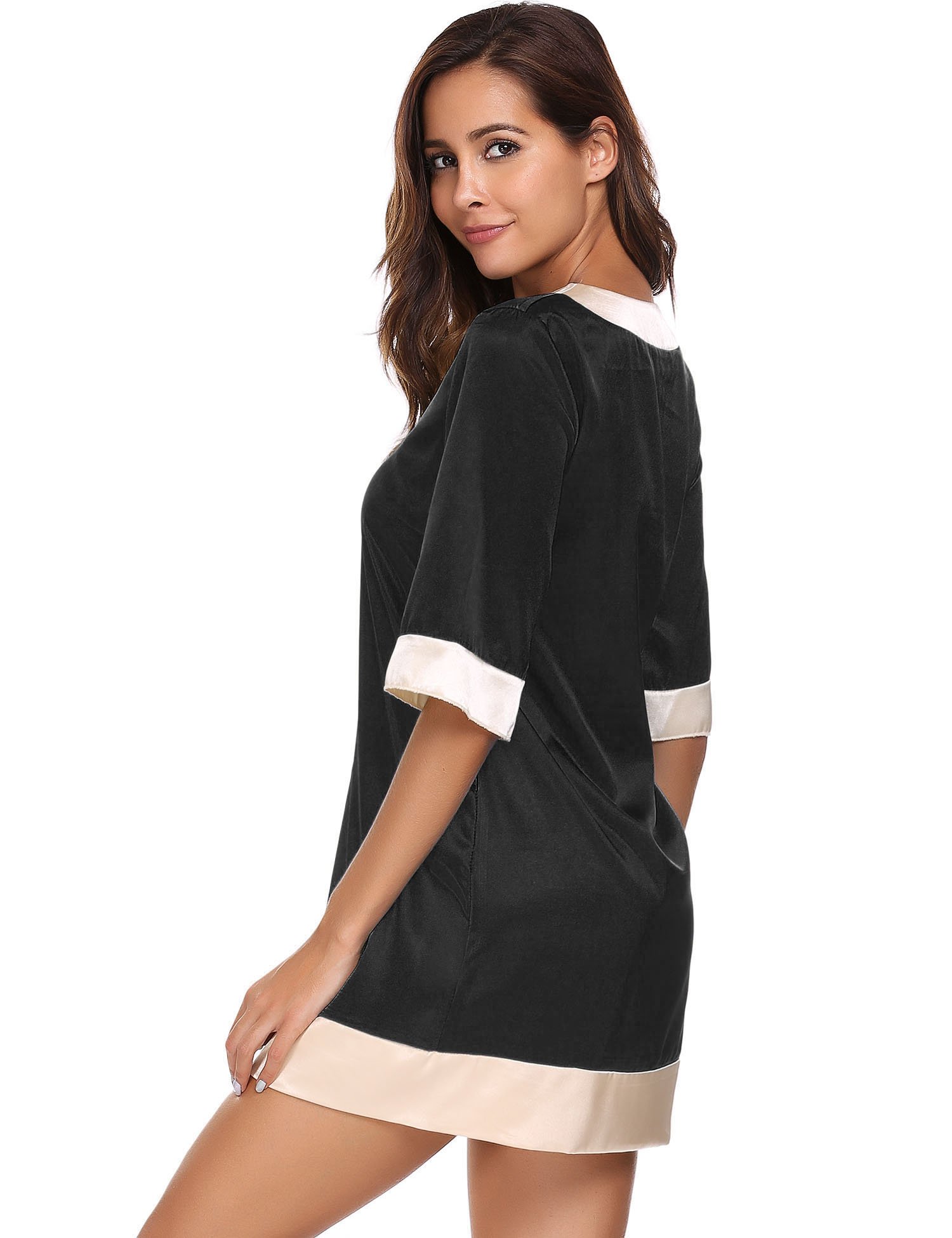 Avidlove Womens V Neck Satin Sleepwear Short Sleeve Color Block Nightgown Sleep Dress