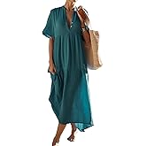 R.Vivimos Womens Summer Cotton Flowy Maxi Dress Short Sleeve V Neck Empire Waist Boho Tiered Ruffle Casual Loose Long Dresses