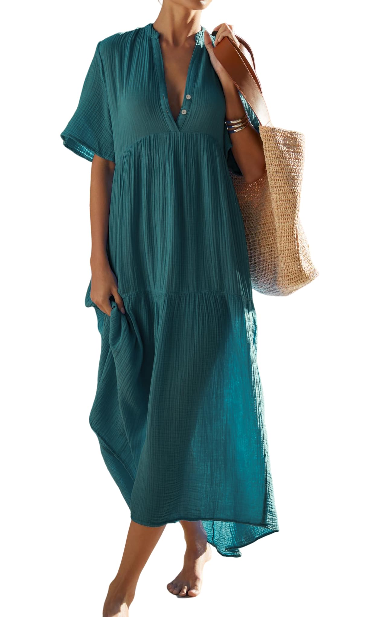 Photo 1 of R.Vivimos Womens Summer Cotton Flowy Maxi Dress Short Sleeve V Neck Empire Waist Boho Tiered Ruffle Casual Loose Long Dresses (Large, Teal)