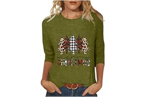 HNODOV Merry Christmas 3/4 Sleeve Tops for Women Cute Xmas Tree Tshirts Plus Size Crew Neck Blouse Soft Holiday Pullover Tees