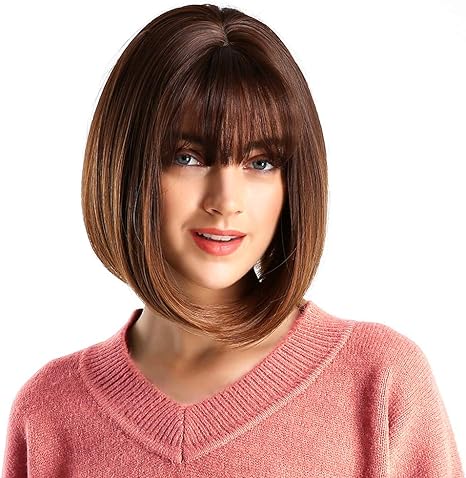 Amazon Co Jp Shunxinersty 前髪のある女性のかつらボブの髪型ファッションストレートショート ヘアコスプレレディアニメブラックブラウン混合高温ファイバー女性のかつらグラデーションブラウン ホーム キッチン
