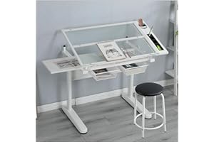 Gynsseh Height Adjustable Drafting Table, 0-75° Tiltable Glass Tabletop Art Drawing Table with Stool and Storage, Multifunctional Art Craft Desk for Adults Artists Student,White