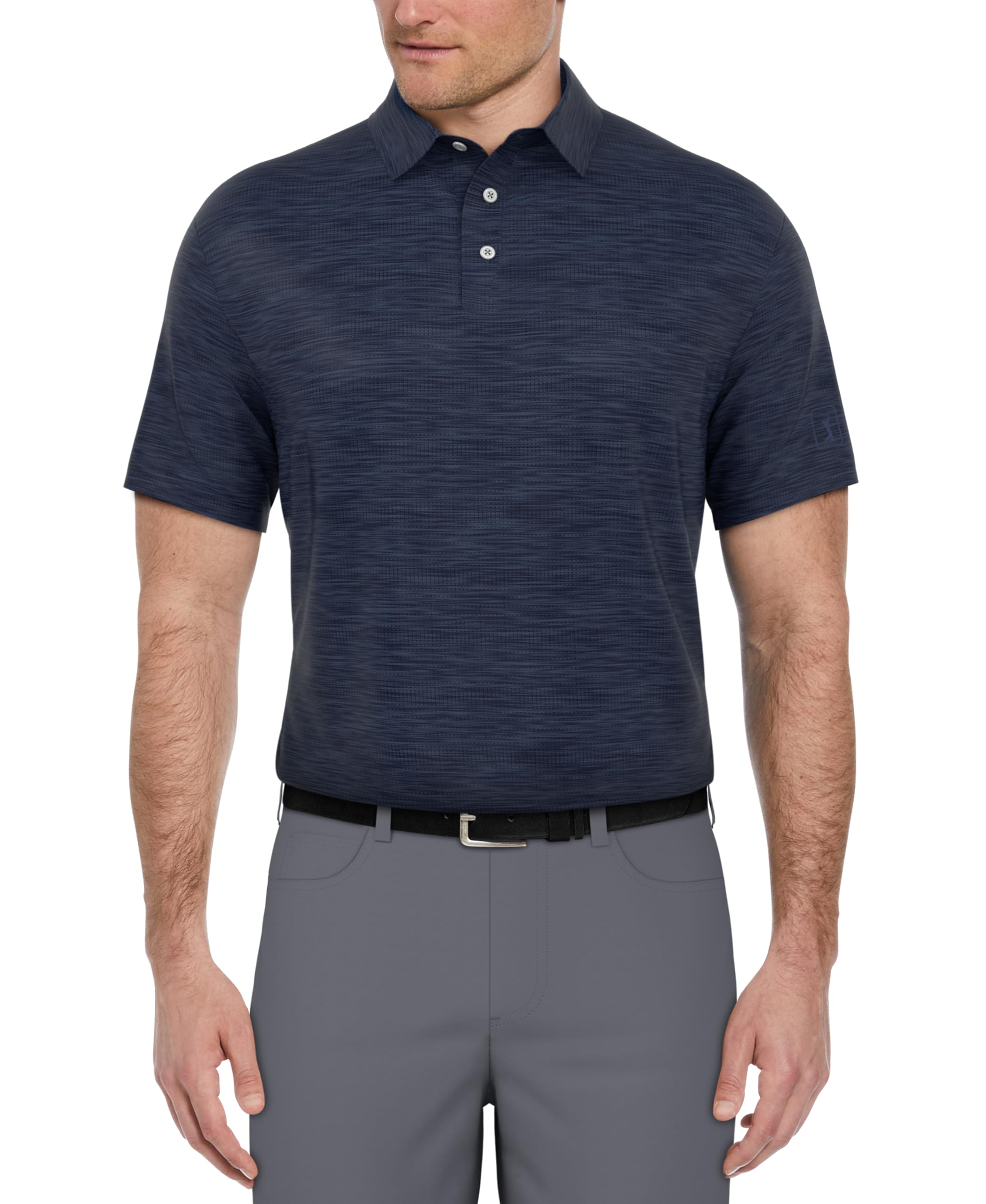 PGA TOUR Airflux Jaspe Cotton Short Sleeve Golf Performance Polo Shirt for Men, Moisture-Wicking, Sun Protection, Peacoat HTR, Small