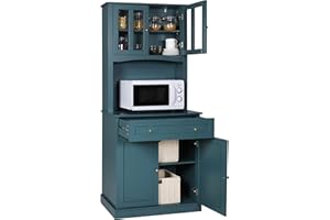 MUPATER 72'' Kitchen Pantry Storage Cabinet Buffet Hutch with Microwave Stand and Drawer, Freestanding Kitchen Pantry with Countertop and Framed Glass Doors, Blue