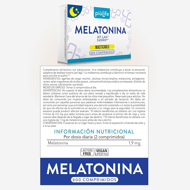 Melatonina Pura 1,9 mg por Dosis PiùLife, 600 Mini Comprimidos