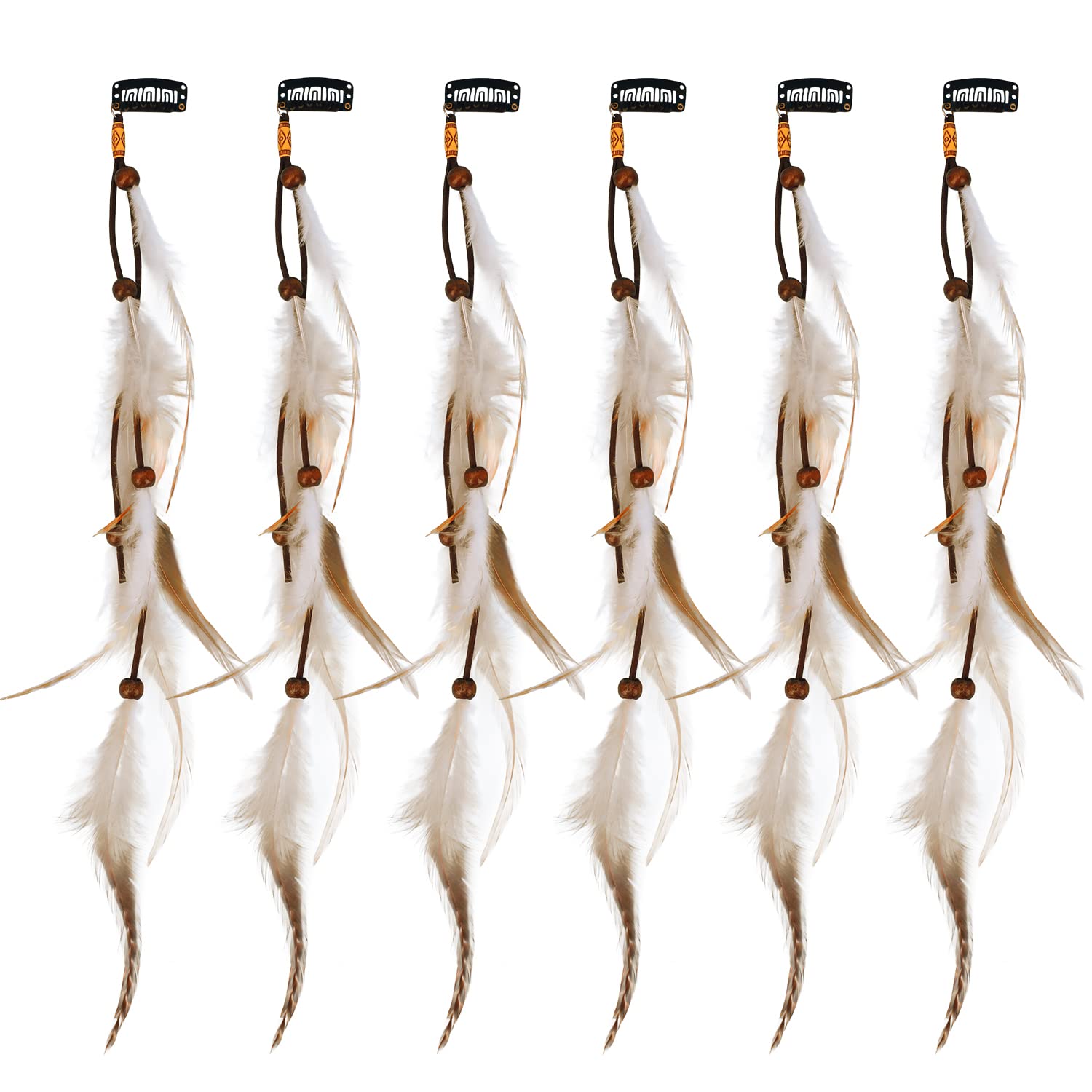 MWOOT 6Pcs Feather Hair Clips, Bohemian Hippie Hair Extension Accessories, Halloween Native Tribal Princess Costume Headdress Decoration