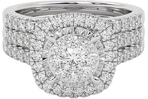 AFFY Bridal Set Rings For Women, 1.00 Carat (ctw) Lab Grown Diamond Halo Wedding Engagement Ring Set In 14K Gold Over Sterling Silver, 10K Or 14K Solid Gold Jewelry Gifts For Her