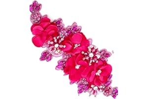 SAIXCCS 1pc Handmade Rhinestone Applique for Clothes, 3D Flower Fabric Patches for Wedding Dress, Bling Beaded Embroidery Lace Applique for Hat Hairband Sewing Embellishment (Hot Pink)