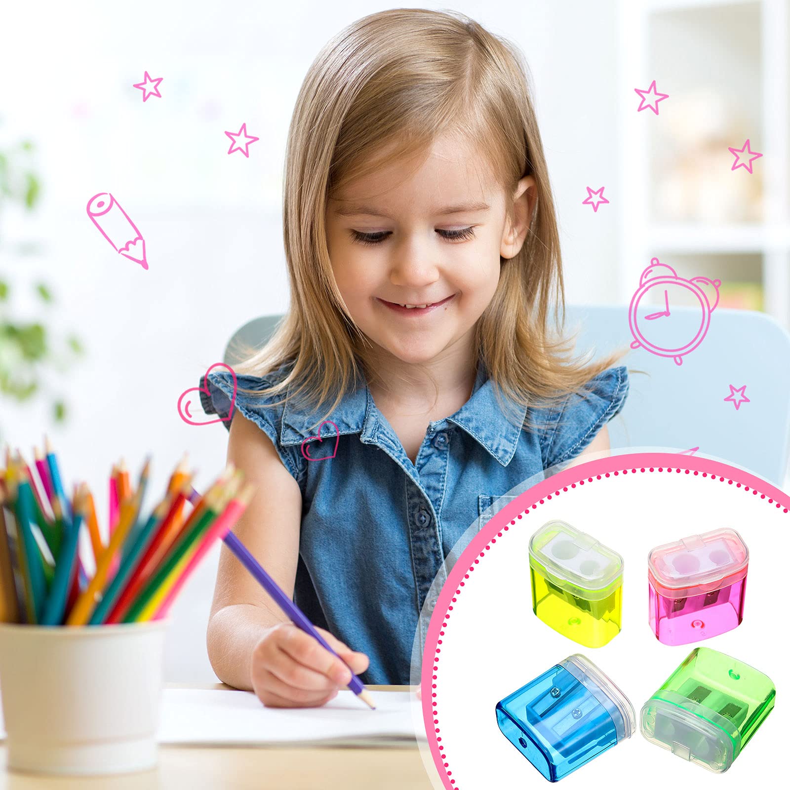 Tenare 48 Pieces Back to School Pencil Sharpeners Manual Double Hole Pencil Sharpener with Lid Hand for Home School Office, Handheld Plastic Crayon Grinder, Pink, Yellow, Green, Blue