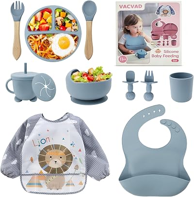 vacvad 11Pcs Baby Weaning Set Silicone Tableware Blue Suction Bib Cup