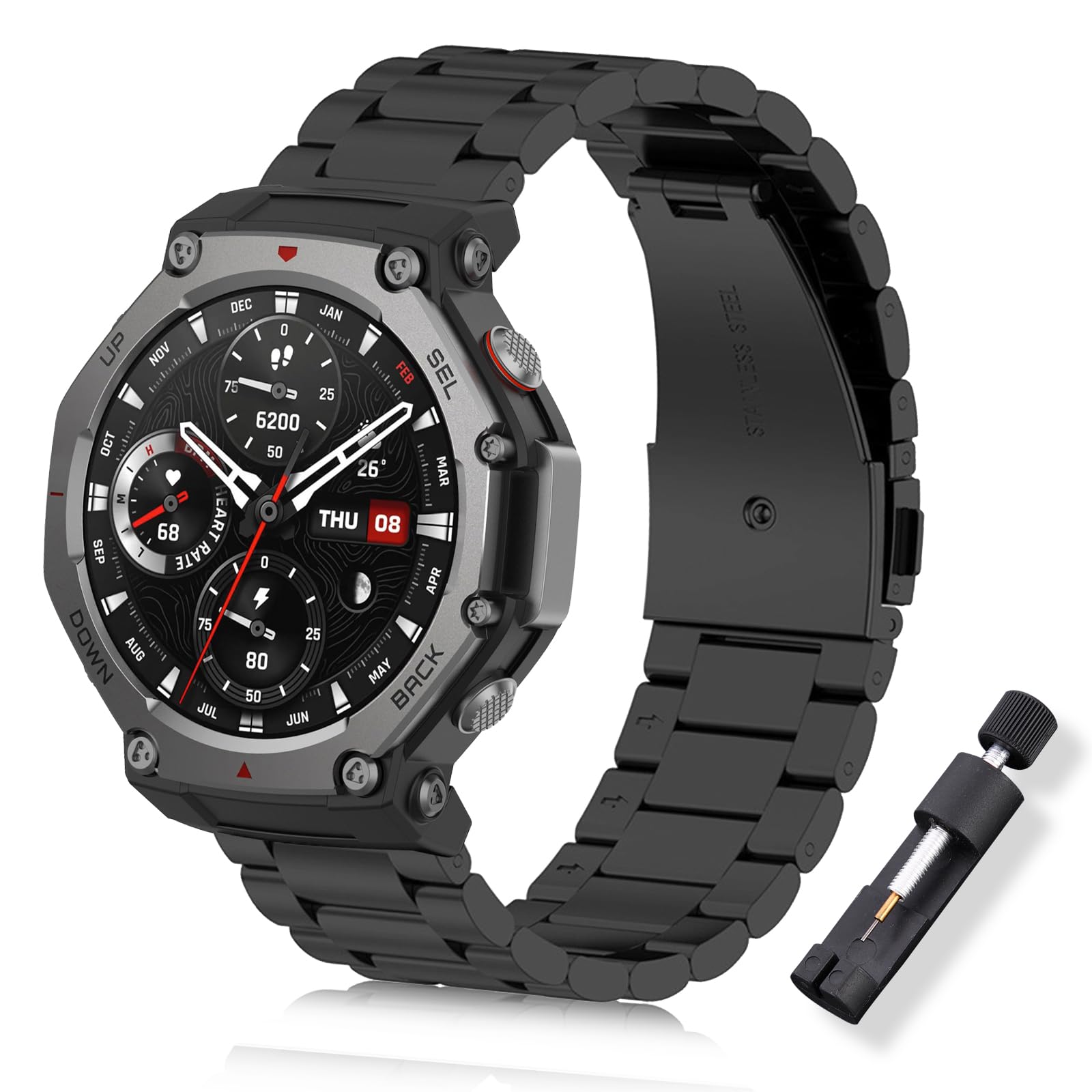 ToVioc Watch Strap for Amazfit T-Rex 2, Strap Elegant Classic Stainless Steel Metal Replacement Watch Band for Amazfit T-Rex 2 - Black