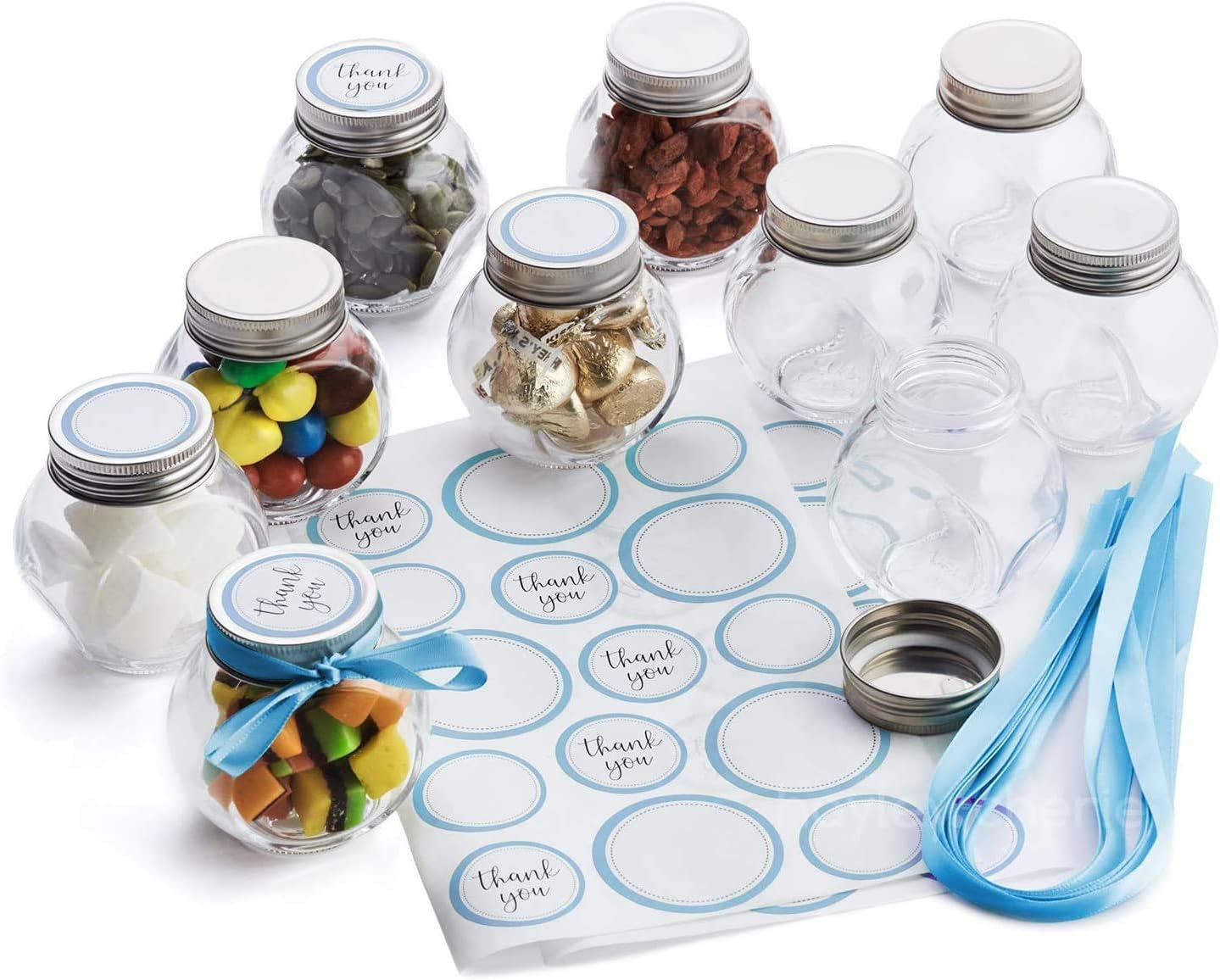 Hayley Cherie - 3 oz Round Glass Jars with Blue Ribbons and Stickers (Set of 10) - Silver Leak Proof Lids - Perfect for Candy, Spices, Baby Showers, Party Favors, Christmas