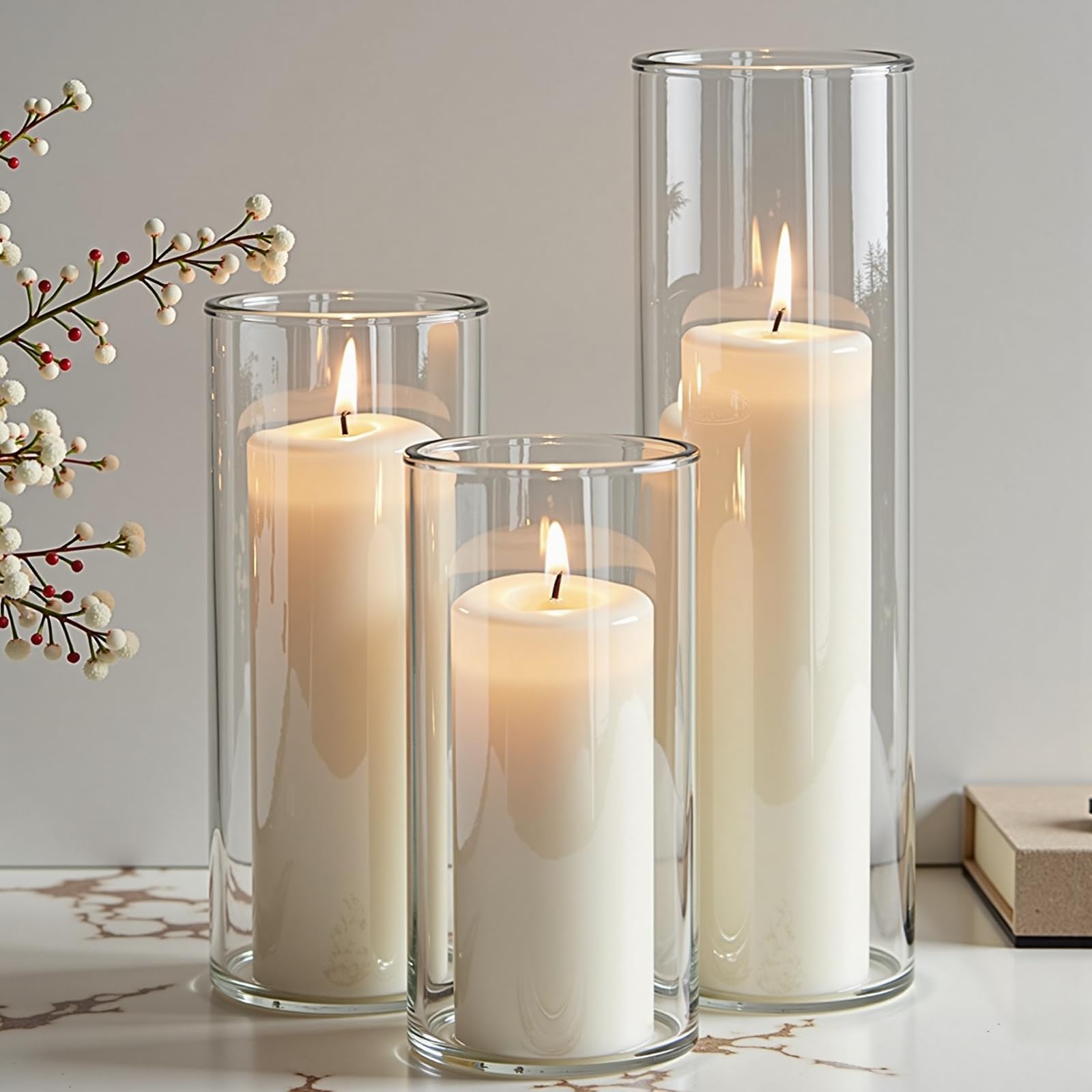 Photo 1 of Mavelune 12-Pack White Pillar Candles with Glass Cylinder Vases - Elegant Tall Candle Holders for Weddings, Events, and Home Décor Centerpieces (12)