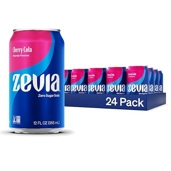 ZEVIA ZERO SUGAR SODA, CHERRY COLA, 12 OZ CANS (24-PACK) – NATURALLY SWEETENED, ZERO CALORIE SUGAR FREE SODA – NON-GMO PROJECT VERIFIED, GLUTEN-FREE, VEGAN