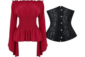 BOOSON Womens Renaissance Blouse Pirate Shirt Underbust Corset Medieval Tops with Bustier for Halloween Pirate Costumes